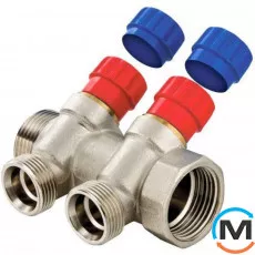 Коллектор на воду Valtec 1"х2 вых. Евроконус 3/4, Количество выходов: 2, Тип коллектора: С вентилем, Диаметр вход/выход: 1", Диаметр подводов: 3/4", Резьба подводов: Евроконус, Материал коллектора: Латунь, фото 