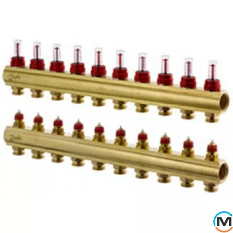 Колектор Danfoss FHF-5F з витратомірами 5+5, Кількість виходів: 5, Тип колектора: З витратомірами, Діаметр вхід/вихід: 1", Діаметр підводів: 3/4", Різьблення підводів: Євроконус, фото 