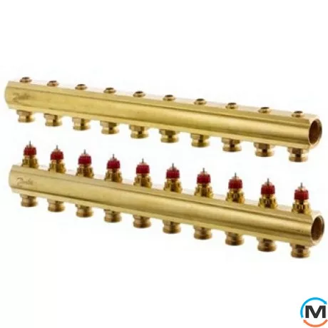 Колектор Danfoss FHF-8 без витратоміра 8+8, Кількість виходів: 8, Тип колектора: З термоклапанами, Діаметр вхід/вихід: 1", Діаметр підводів: 3/4", Різьблення підводів: Євроконус, фото 