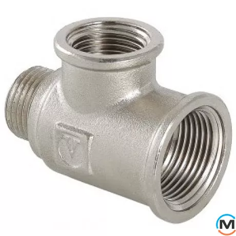 Трійник Valtec з переходом на нар. нар. 1/2"х3/4"х3/4" вн.-вн.-нар., Тип різьблення: Внутрішня/Внутрішня/Зовнішня, Діаметр різьблення: 1/2", Модифікація: 1/2"х3/4"х3/4" вн.-вн.-нар., Матеріал: Латунь нікельована, фото 