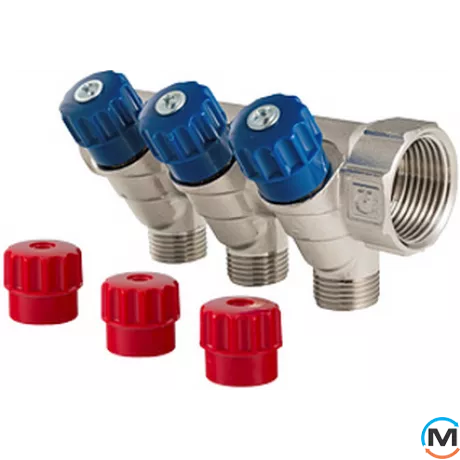 Колектор для води Valtec 2 ст. х1"х1/2" Нікель, Кількість виходів: 2, Тип колектора: З вентилем, Діаметр вхід/вихід: 1", Діаметр підводів: 1/2", Різьблення підводів: Трубна, Матеріал колектора: Латунь, фото 