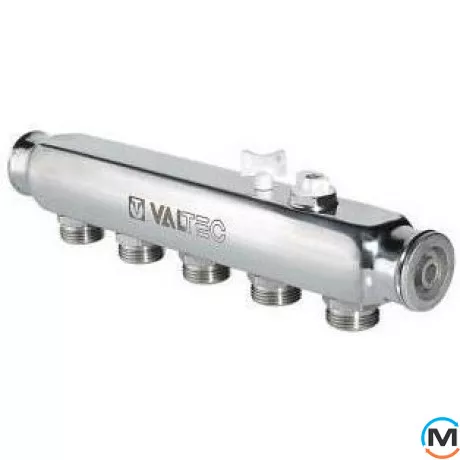 Колектор Valtec з нерж. стали з м-о ростових. 50 мм 1"х 6 вих. 3/4" Євроконус, Кількість виходів: 6, Тип колектора: Простий, Діаметр вхід/вихід: 1", Діаметр підводів: 3/4", Різьблення підводів: Євроконус, Матеріал колектора: Нержавіюча сталь, фото 