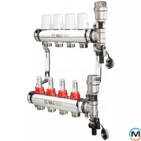 Колекторна група Valtec c витратомірами у зборі 1"х8 вих. Євроконус 3/4", Кількість виходів: 8, Тип колектора: З витратомірами, Діаметр вхід/вихід: 1", Діаметр підводів: 3/4", Різьблення підводів: Євроконус, Матеріал колектора: Латунь, фото 