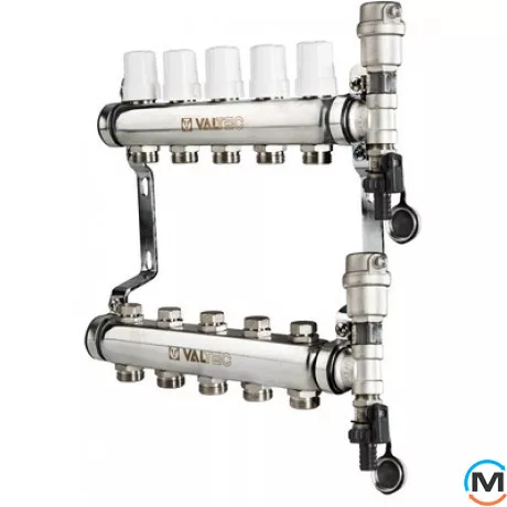 Колекторна група Valtec у зборі 1"х9 вих. Євроконус 3/4", Кількість виходів: 9, Тип колектора: З термоклапанами, Діаметр вхід/вихід: 1", Діаметр підводів: 3/4", Різьблення підводів: Євроконус, Матеріал колектора: Латунь, фото 