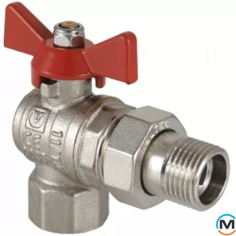 Кран шаровый угловой Valtec американка вн.-нар. 3/4", Тип резьбы: Внутренняя/Наружная, Диаметр резьбы: 3/4", Модификация: Красная ручка, Исполнение: Угловой, Тип ручки: Бабочка, Рабочее давление (бар): 40, Материал: Латунь, фото 