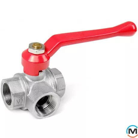 Кран кульовий Valtec 3-хід. Г-обр. 1/2", Варіант: Г-подібний, Тип різьблення: Внутрішня/Внутрішня/Внутрішня, Діаметр різьблення: 1/2", Виконання: Триходовий, Тип ручки: Ручка, Робочий тиск (бар): 40, Матеріал: Латунь, фото 