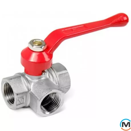 Кран кульовий Valtec 3-хід. Т-обр. 1/2", Варіант: Т-подібний, Тип різьблення: Внутрішня/Внутрішня/Внутрішня, Діаметр різьблення: 1/2", Виконання: Триходовий, Тип ручки: Ручка, Робочий тиск (бар): 40, Матеріал: Латунь, фото 