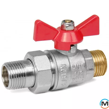 Кран кульовий Valtec BASE з напівзгоном 1/2" нар.-нар., Тип різьблення: Зовнішня/Зовнішня, Діаметр різьблення: 1/2", Виконання: Прямий, Тип ручки: Метелик, Робочий тиск (бар): 40, Матеріал: Латунь, фото 