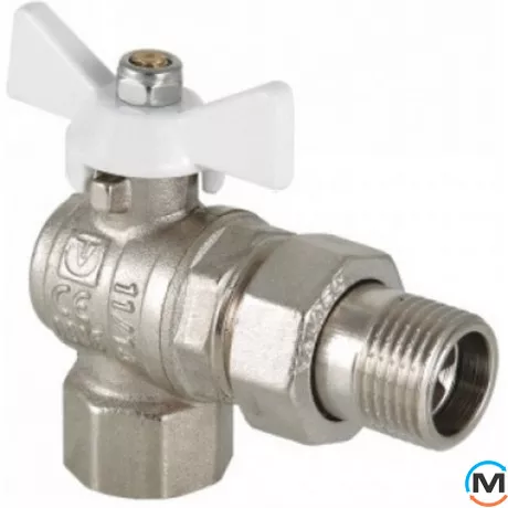 Кран кульовий Valtec BASE кутовий з напівзгоном 3/4" вн.-нар. біла рукоятка, Тип різьблення: Внутрішня/Зовнішня, Діаметр різьблення: 3/4", Виконання: Кутовий, Тип ручки: Метелик, Робочий тиск (бар): 40, Матеріал: Латунь, фото 