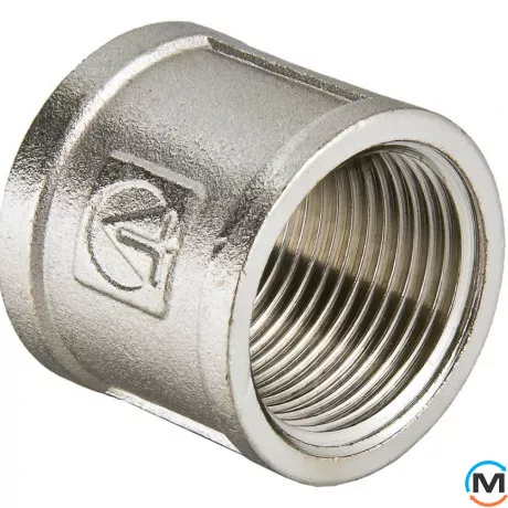 Муфта Valtec Никель 1/2", Тип резьбы: Внутренняя, Диаметр резьбы: 1/2", Модификация: 1/2"х1/2", Исполнение: Соединительная, Материал: Латунь никелированная, фото 