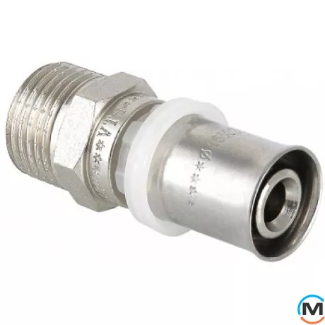 Пресс соединение Valtec VTm.201 с наружной резьбой 20 х1/2", Тип резьбы: Наружная, Диаметр резьбы: 1/2", Диаметр (мм): 20, Рабочее давление (бар): 10, Материал: Сталь нержавеющая, фото 