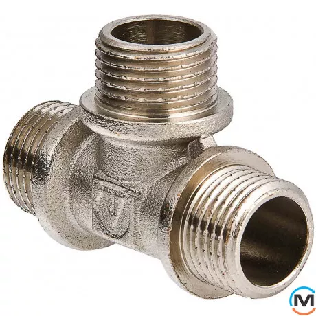 Тройник Valtec 1/2" нар.-нар.-нар., Тип резьбы: Наружная, Диаметр резьбы: 1/2", Модификация: 1/2"х1/2"х1/2" нр., Материал: Латунь никелированная, фото 
