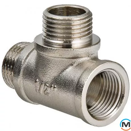 Трійник Valtec із двома переходами на нар. нар. 3/4"х1/2"х1/2"" вн.-нар.-нар., Тип різьблення: Внутрішня/Зовнішня/Зовнішня, Діаметр різьблення: 3/4", Модифікація: 3/4"х1/2"х1/2"" вн.-нар.-нар, Матеріал: Латунь нікельована, фото 