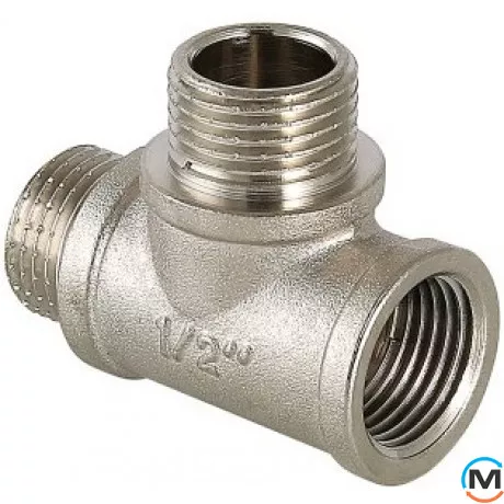 Трійник Valtec із двома переходами на нар. нар. 3/4" вн.-нар.-нар., Тип різьблення: Внутрішня/Зовнішня/Зовнішня, Діаметр різьблення: 3/4", Модифікація: 3/4"х3/4"х3/4" вн.-нар.-нар.., Матеріал: Латунь нікельована, фото 