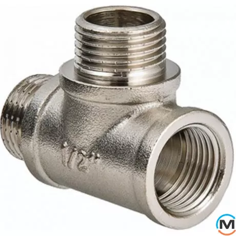 Тройник Valtec вн./нар./нар. Никель 1/2", Тип резьбы: Внутренняя/Наружная/Наружная, Диаметр резьбы: 1/2", Модификация: 1/2"х1/2"х1/2" вн.-нар.-нар., Материал: Латунь никелированная, фото 