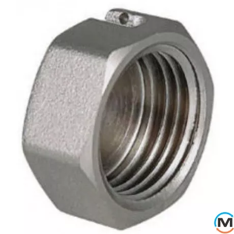 Заглушка Valtec із вушком для пломбування 1/2" вн., Тип різьблення: Внутрішня, Діаметр різьблення: 1/2", Виконання: З вушком, Матеріал: Латунь нікельована, фото 