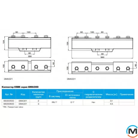 Розподільний гребінець ESBE GMA321 DN20 2 контури, Кількість виходів: 2, фото , зображення 2