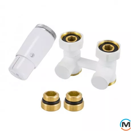 Комплект радиаторный Schlosser прямой белый узел подключения 3/4x3/4 + 2шт 1/2x3/4 ниппеля термоголовка 601100033, фото 