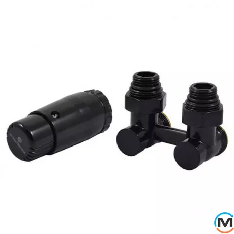 Комплект радиаторный Schlosser угловой узел подключения 3/4x3/4 + 2 1/2x3/4 ниппеля с головкой Mini M30x1,5 RAL9005 черный мат, фото 