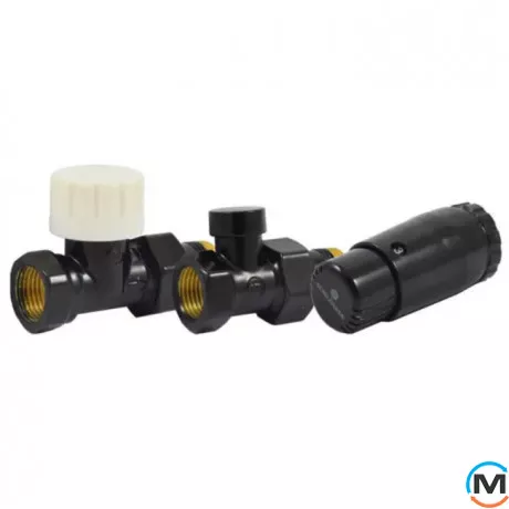 Комплект термостатический Schlosser GZ1/2 x GW1/2 прямой с головкой Mini M30x1,5 RAL9005 черный мат, фото 
