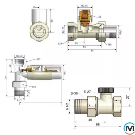 Комплект термостатический Schlosser GZ1/2 x GW1/2 прямой с головкой Mini M30x1,5 RAL9005 черный мат, фото , изображение 2