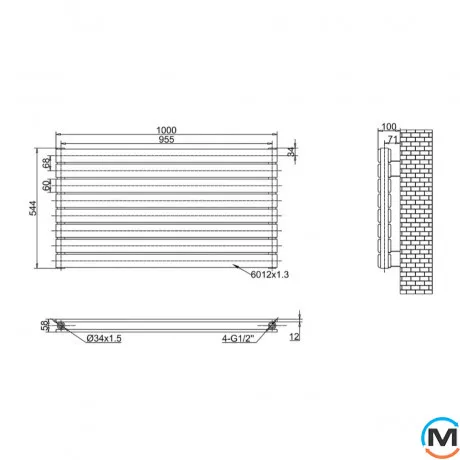 Горизонтальний дизайнерський радіатор опалювальний ARTTIDESIGN Livorno II G 8/544/1000 білий матовий, фото , зображення 4