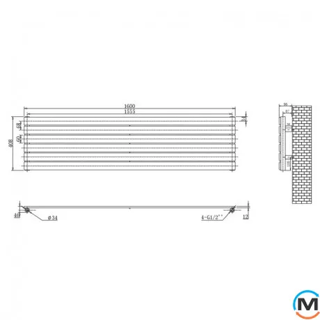 Горизонтальний дизайнерський радіатор опалення ARTTIDESIGN Livorno G 6/408/1600 чорний матовий, фото , зображення 4