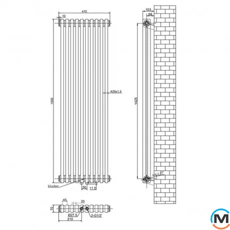 Вертикальний радіатор опалення ARTTIDESIGN Bari II 10/1200/470/50 білий матовий, Підключення радіатора: Бокове, Виконання: Вертикальний, Колір: Білий, Висота (мм): 1200, Ширина (мм): 470, Кількість рядів: 2, фото , зображення 2