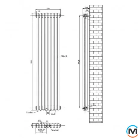 Вертикальний радіатор опалення ARTTIDESIGN Bari II 8/1500/380/50 білий матовий, Підключення радіатора: Нижнє, Виконання: Вертикальний, Колір: Білий, Висота (мм): 1500, Ширина (мм): 380, Кількість рядів: 2, фото 