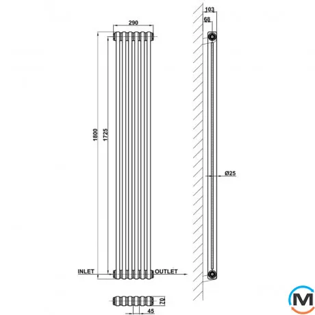 Вертикальний дизайнерський радіатор опалення ARTTIDESIGN Bari II 6/1800/290/50 чорний матовий, Підключення радіатора: Нижнє, Виконання: Вертикальний, Колір: Чорний, Висота (мм): 1800, Ширина (мм): 290, Кількість рядів: 2, фото , зображення 4