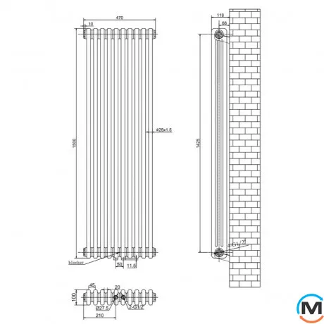 Вертикальный дизайнерский радиатор отопления ARTTIDESIGN Bari III 10/1500/470/50 черный матовый, Подключение радиатора: Нижнее, Исполнение: Вертикальный, Цвет: Черный, Высота (мм): 1500, Ширина (мм): 470, Количество рядов: 3, фото , изображение 4