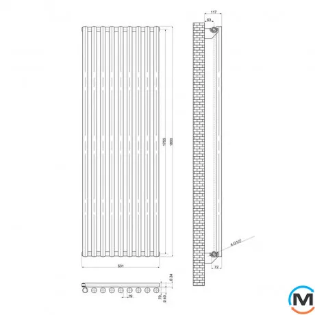 Вертикальный радиатор отопления ARTTIDESIGN Matera 9/1800/531/50 белый матовый, Подключение радиатора: Нижнее, Цвет: Белый, Кол-во секций: 9, фото , изображение 4