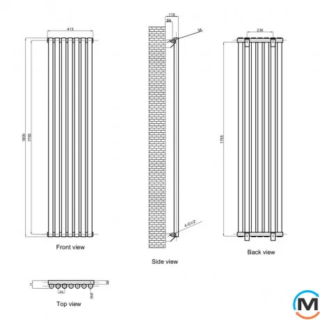 Вертикальный дизайнерский радиатор отопления ARTTIDESIGN Matera 7/1800/413/50 черный матовый, Подключение радиатора: Нижнее, Цвет: Черный, Кол-во секций: 7, фото , изображение 4