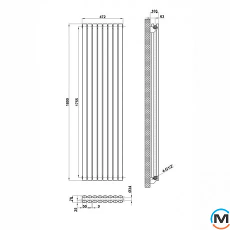 Вертикальный дизайнерский радиатор отопления ARTTIDESIGN Rimini II 8/1800/472/50 черный матовый, Цвет: Черный, Высота (мм): 1800, Количество рядов: 2, Длина (мм): 472, фото , изображение 4