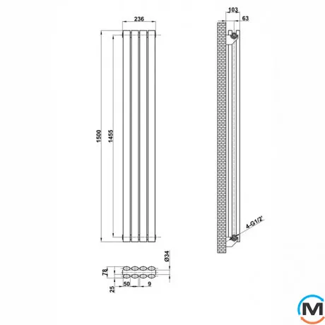 Вертикальный дизайнерский радиатор отопления ARTTIDESIGN Rimini 4/1500/236 белый матовый, Цвет: Белый, Высота (мм): 1500, Количество рядов: 1, Длина (мм): 236, фото , изображение 4