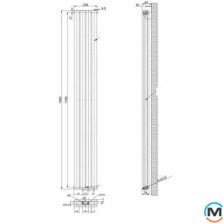 Вертикальний радіатор опалення ARTTIDESIGN Terni II 4/1800/236/50 білий матовий, Підключення радіатора: Нижнє, Колір: Білий, Висота (мм): 1800, Кількість рядів: 2, Довжина (мм): 236, фото , зображення 4
