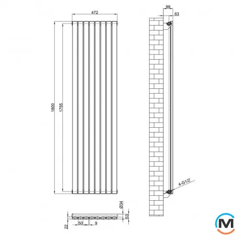 Вертикальний радіатор опалення ARTTIDESIGN Terni 8/1800/472 білий матовий, Підключення радіатора: Нижнє, Колір: Білий, Висота (мм): 1800, Кількість рядів: 1, Довжина (мм): 472, фото , зображення 4