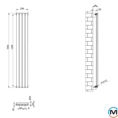 Вертикальний дизайнерський радіатор опалення ARTTIDESIGN Terni 4/1500/236/50 сірий матовий, Підключення радіатора: Нижнє, Колір: Сірий, Висота (мм): 1500, Кількість рядів: 1, Довжина (мм): 236, фото , зображення 4