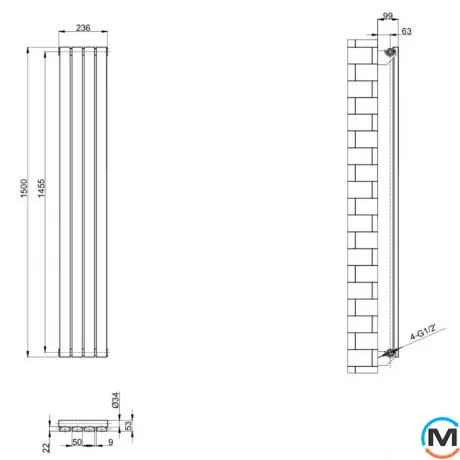 Вертикальный дизайнерский радиатор отопления ARTTIDESIGN Terni 4/1500/236/50 черный матовый, Підключення радіатора: Нижнє, Колір: Чорний, Висота (мм): 1500, Кількість рядів: 1, Довжина (мм): 236, фото , зображення 4