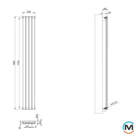 Вертикальный дизайнерский радиатор отопления ARTTIDESIGN Terni 4/1800/236/50 черный матовый, Підключення радіатора: Нижнє, Колір: Чорний, Висота (мм): 1800, Кількість рядів: 1, Довжина (мм): 236, фото , зображення 5