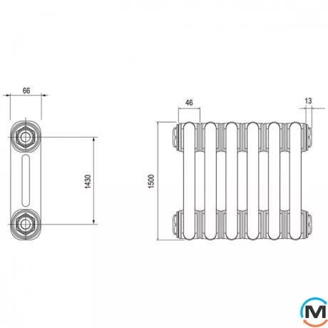 Трубчастий радіатор DeLonghi Multicolumn H=1500 2-6 (секцій) конфігурація 0 (бічне 1/2") RAL9016, Підключення радіатора: Бокове, Виконання: Вертикальний, Колір: Білий, Діаметр вхід/вихід: 1/2", Висота (мм): 1500, Ширина (мм): 276, Глибина (мм): 66, фото , зображення 6