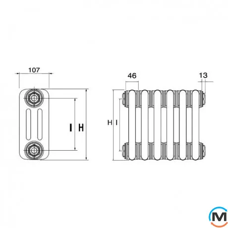 Трубчастий радіатор DeLonghi Multicolumn H=1800 3-12 (секцій) конфігурація D (нижче 1/2") RAL9016 нижнє підключення, Підключення радіатора: Нижнє, Виконання: Вертикальний, Колір: Білий, Діаметр вхід/вихід: 1/2", Висота (мм): 1800, Ширина (мм): 552, Глибина (мм): 107, фото , зображення 5