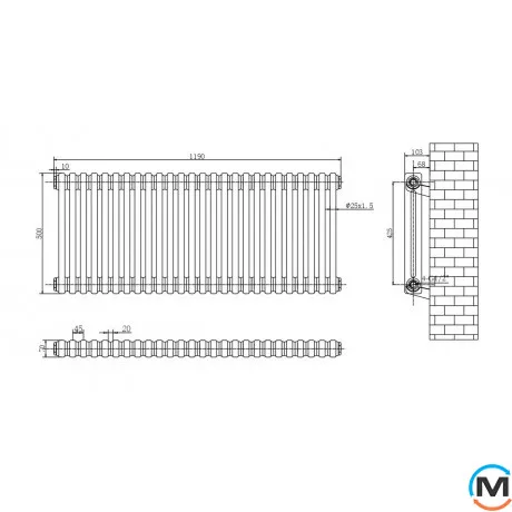 Радіатор ARTTIDESIGN Bari II G 26/500/1190 білий матовий горизонтальний дизайнерський, Підключення радіатора: Бокове, Виконання: Горизонтальний, Колір: Білий, Висота (мм): 500, Ширина (мм): 1190, Кількість рядів: 2, фото , зображення 5