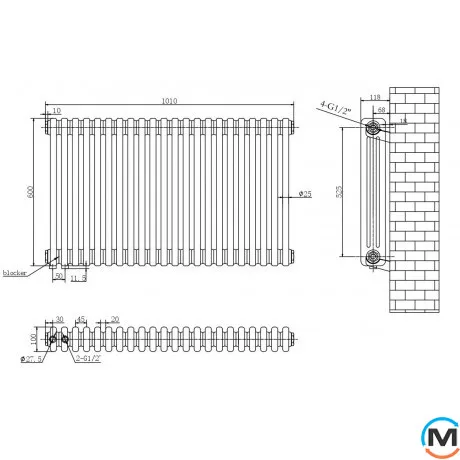 Радіатор ARTTIDESIGN Bari III G 22/600/1010/50 чорний матовий горизонтальний дизайнерський, Підключення радіатора: Бокове, Виконання: Горизонтальний, Колір: Чорний, Висота (мм): 600, Ширина (мм): 1010, Кількість рядів: 3, фото , зображення 7