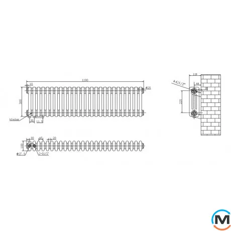 Радиатор ARTTIDESIGN Bari III G 26/300/1190/50 черный матовый горизонтальный дизайнерский, Подключение радиатора: Боковое, Исполнение: Горизонтальный, Цвет: Черный, Высота (мм): 300, Ширина (мм): 1190, Количество рядов: 3, фото , изображение 7