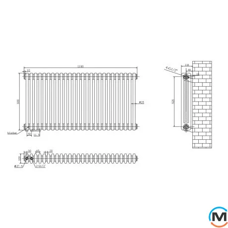 Радіатор ARTTIDESIGN Bari III G 26/600/1190/50 білий матовий горизонтальний дизайнерський, Підключення радіатора: Бокове, Виконання: Горизонтальний, Колір: Білий, Висота (мм): 600, Ширина (мм): 1190, Кількість рядів: 3, фото , зображення 7