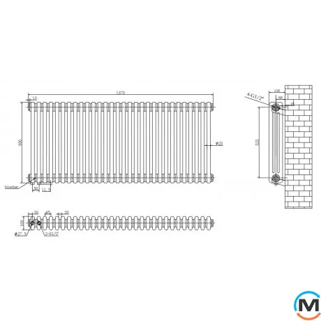 Радіатор ARTTIDESIGN Bari III G 30/600/1370/50 білий матовий горизонтальний дизайнерський, Підключення радіатора: Бокове, Виконання: Горизонтальний, Колір: Білий, Висота (мм): 600, Ширина (мм): 1370, Кількість рядів: 3, фото , зображення 7