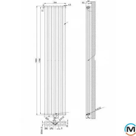 Радіатор ARTTIDESIGN Terni II 6/1800/354/50 білий матовий вертикальний дизайнерський, Підключення радіатора: Нижнє, Колір: Білий, Висота (мм): 1800, Кількість рядів: 2, Довжина (мм): 354, фото , зображення 6