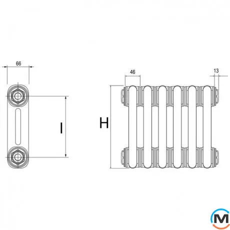 Трубчастий радіатор DeLonghi Multicolumn H=2000 2-6 (секцій) конфігурація D (нижче 1/2") RAL9005MATT нижнє підключення, Підключення радіатора: Нижнє, Виконання: Вертикальний, Колір: Чорний, Діаметр вхід/вихід: 1/2", Висота (мм): 2000, Ширина (мм): 276, Глибина (мм): 66, фото , зображення 7