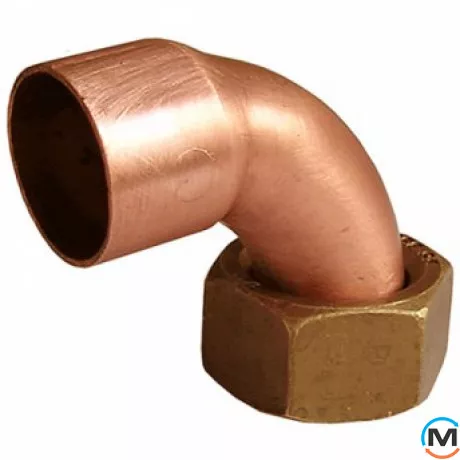 Коліно мідне IBP 90° Мідна накидна гайка 15 - 1/2", Варіант: Просте, Градус (град.): 90, Тип різьблення: Накидна гайка, Діаметр різьблення: 1/2", Діаметр (мм): 15, фото 